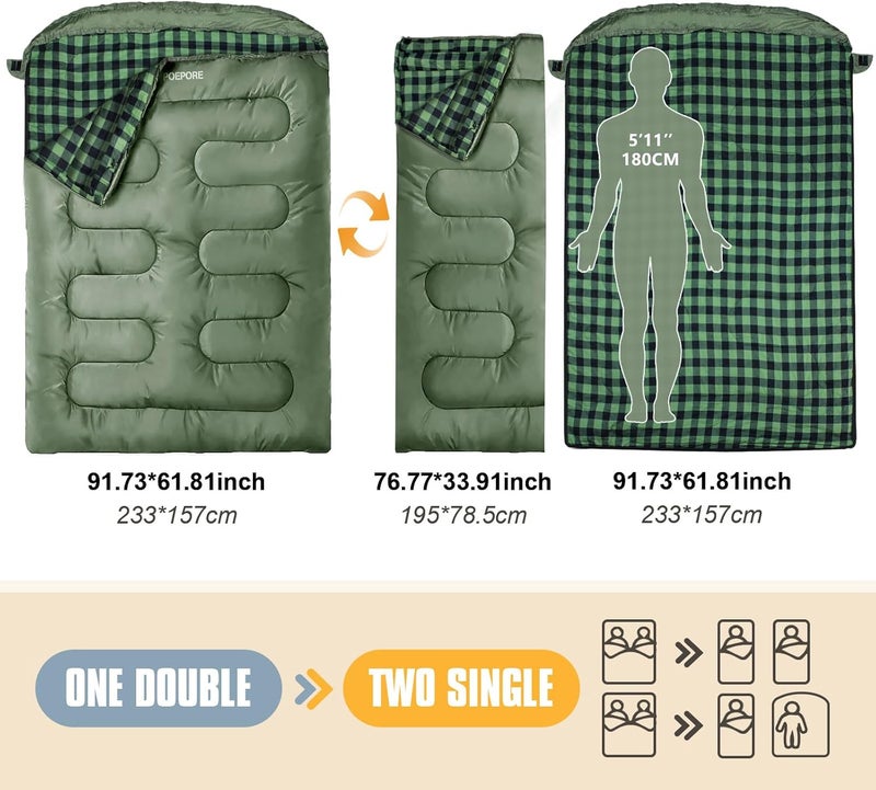 POEPORE Double Sleeping Bag Flannel for Adults with 2 Pillows 2 Person Sleeping Bags Camping XXL Queen Size Two Person Sleeping Bag for Cold Weather - Image 3
